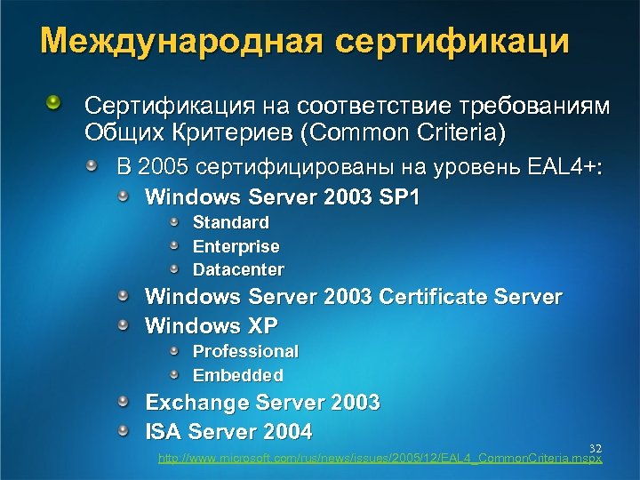 Международная сертификаци Сертификация на соответствие требованиям Общих Критериев (Common Criteria) В 2005 сертифицированы на