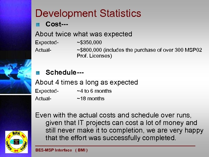 Development Statistics Cost--About twice what was expected Expected. Actual- ~$350, 000 ~$800, 000 (includes