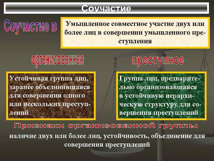 Соучастие Умышленное совместное участие двух или более лиц в совершении умышленного преступления Устойчивая группа