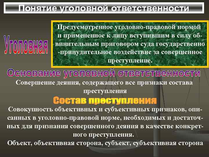 Понятие уголовной ответственности Предусмотренное уголовно-правовой нормой и примененное к лицу вступившим в силу обвинительным