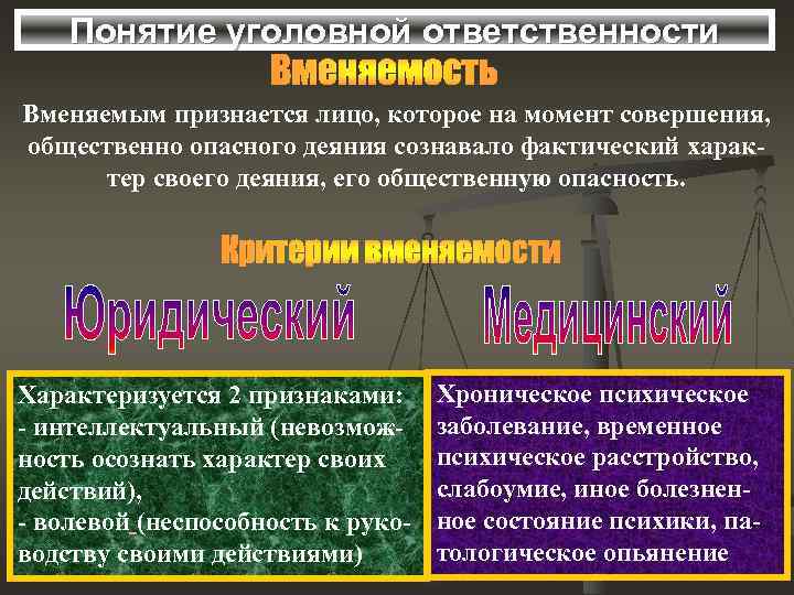 Понятие уголовной ответственности Вменяемым признается лицо, которое на момент совершения, общественно опасного деяния сознавало