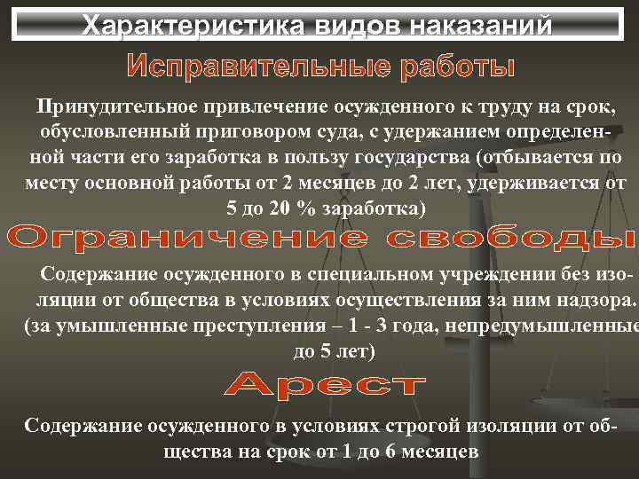 Характеристика видов наказаний Принудительное привлечение осужденного к труду на срок, обусловленный приговором суда, с