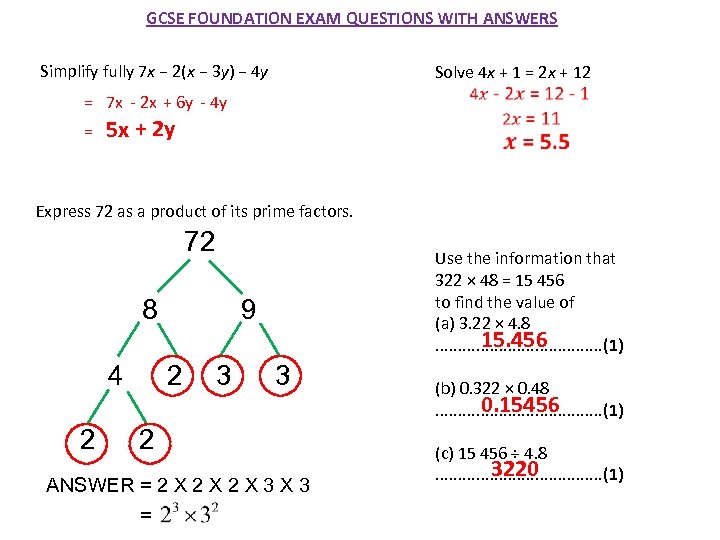 GCSE FOUNDATION EXAM QUESTIONS WITH ANSWERS Simplify fully 7 x − 2(x − 3