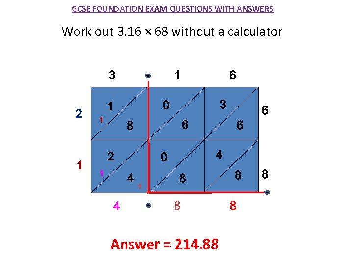 GCSE FOUNDATION EXAM QUESTIONS WITH ANSWERS Work out 3. 16 × 68 without a