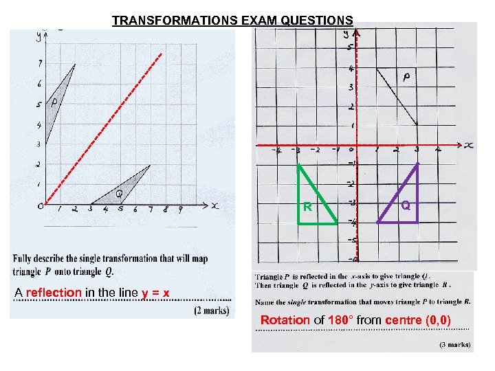 TRANSFORMATIONS EXAM QUESTIONS R Q A reflection in the line y = x Rotation