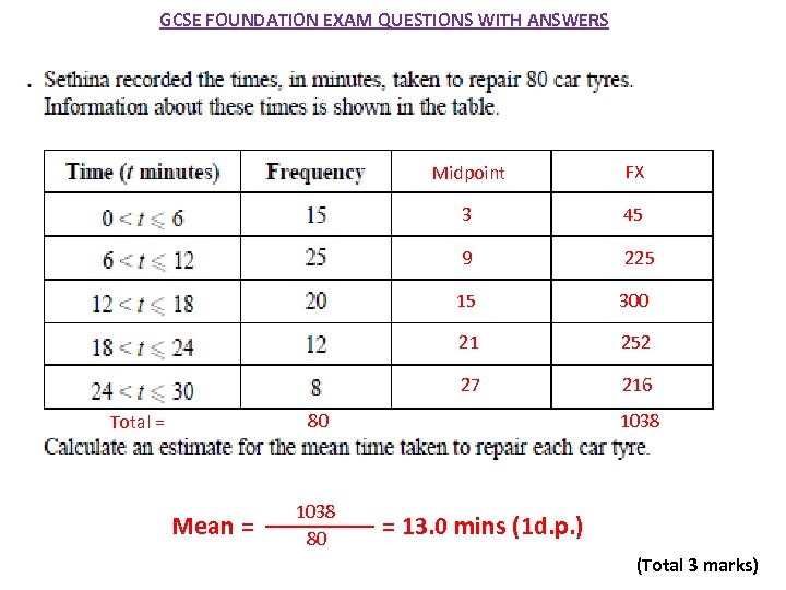 GCSE FOUNDATION EXAM QUESTIONS WITH ANSWERS Midpoint FX 3 45 9 225 15 300