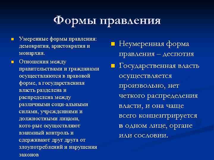 Формы правления n n Умеренные формы правления: демократия, аристократия и монархия. Отношения между правительствами