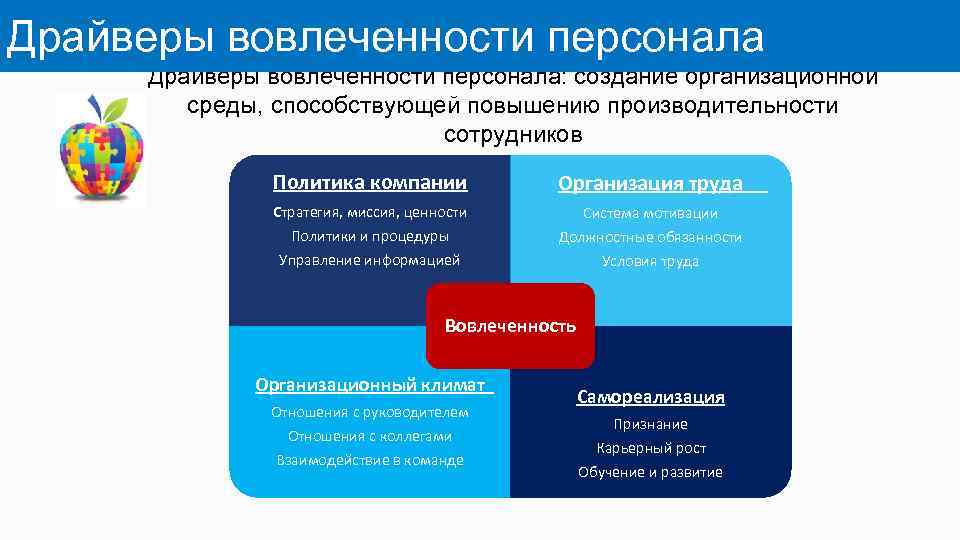 Драйверы вовлеченности персонала: создание организационной среды, способствующей повышению производительности сотрудников Политика компании Организация труда