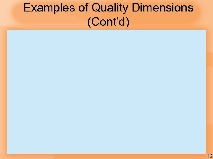 Examples of Quality Dimensions (Cont’d) 12 