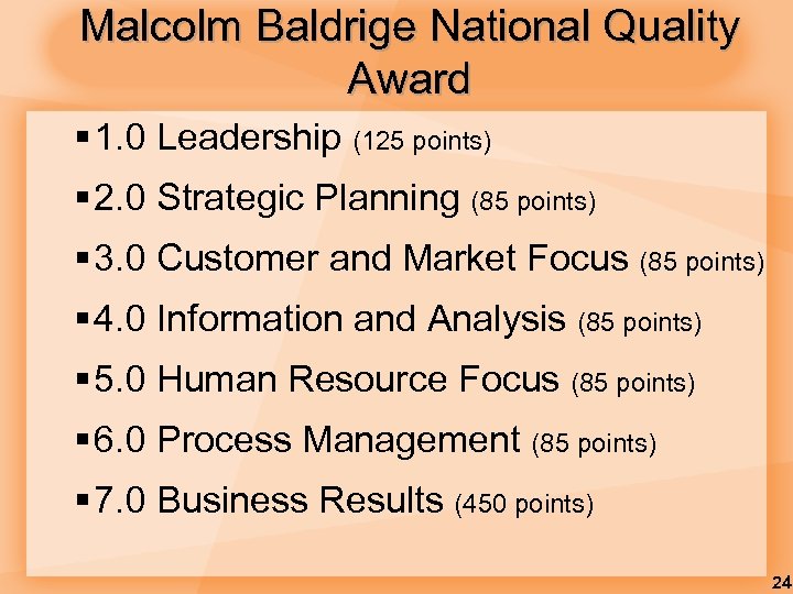 Malcolm Baldrige National Quality Award § 1. 0 Leadership (125 points) § 2. 0