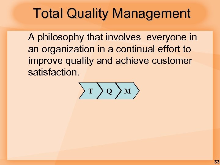 Total Quality Management A philosophy that involves everyone in an organization in a continual