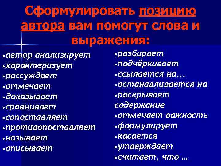 Сформулировать позицию автора вам помогут слова и выражения: • автор анализирует • характеризует •
