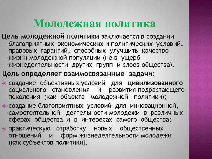 Молодежная политика Цель молодежной политики заключается в создании благоприятных экономических и политических условий, правовых