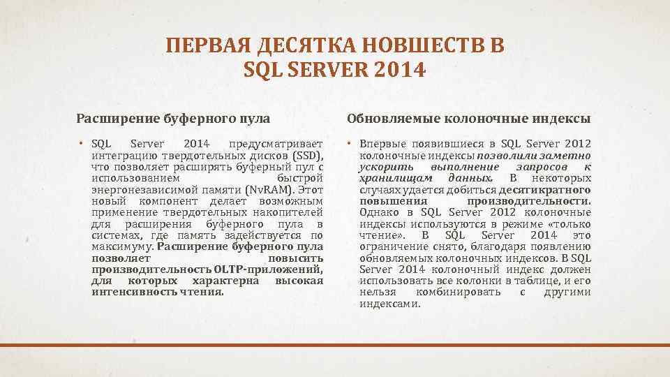 ПЕРВАЯ ДЕСЯТКА НОВШЕСТВ В SQL SERVER 2014 Расширение буферного пула Обновляемые колоночные индексы •