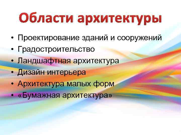 Области архитектуры • • • Проектирование зданий и сооружений Градостроительство Ландшафтная архитектура Дизайн интерьера