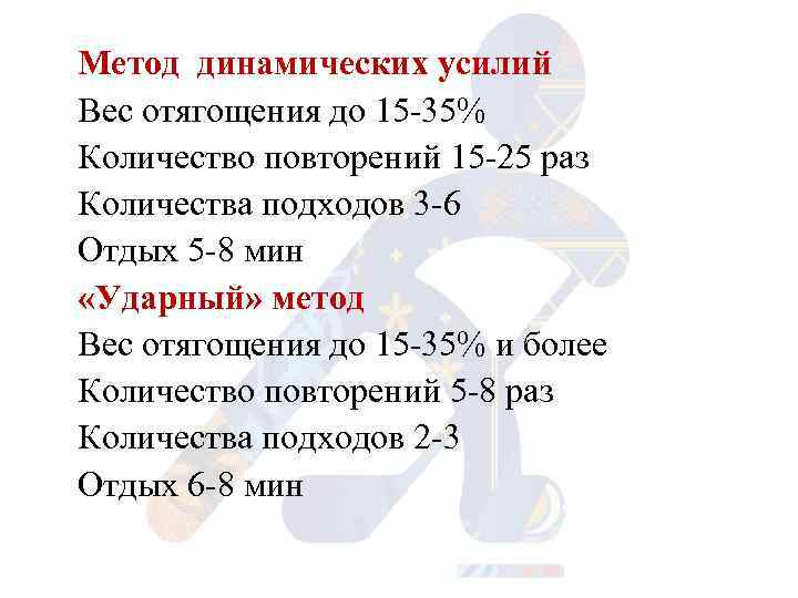 Метод динамических усилий Вес отягощения до 15 35% Количество повторений 15 25 раз Количества