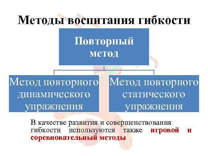 Методы воспитания гибкости Повторный метод Метод повторного динамического статического упражнения В качестве развития и