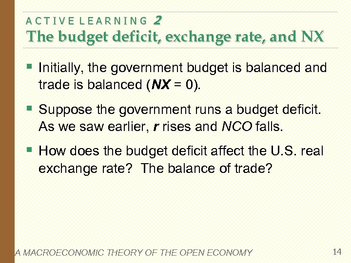 ACTIVE LEARNING 2 The budget deficit, exchange rate, and NX § Initially, the government