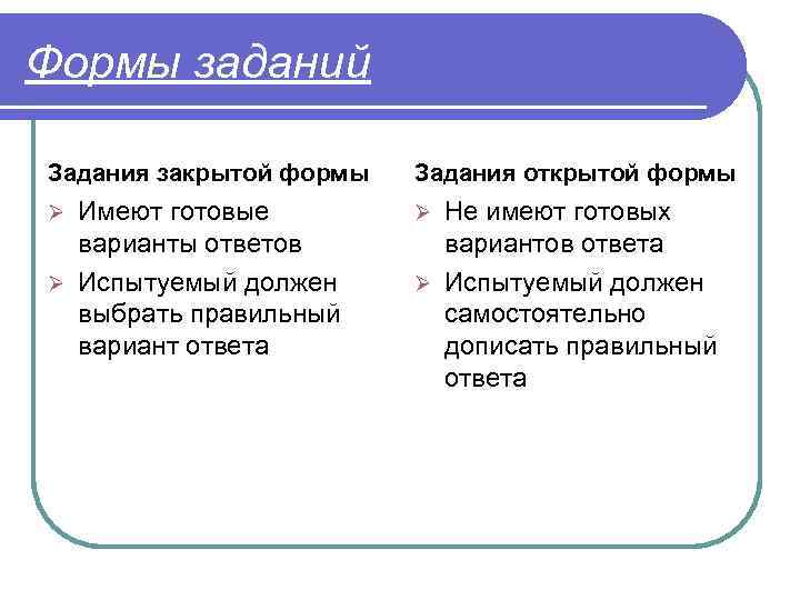 Формы заданий Задания закрытой формы Задания открытой формы Имеют готовые варианты ответов Ø Испытуемый