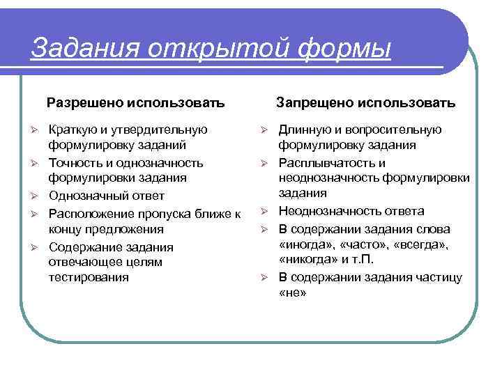 Задания открытой формы Разрешено использовать Ø Ø Ø Краткую и утвердительную формулировку заданий Точность