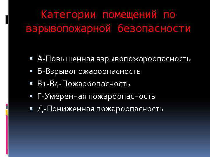 Категории помещений по взрывопожарной безопасности А-Повышенная взрывопожароопасность Б-Взрывопожароопасность В 1 -В 4 -Пожароопасность Г-Умеренная