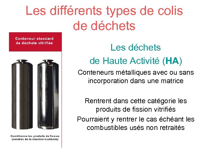Les différents types de colis de déchets Les déchets de Haute Activité (HA) Conteneurs