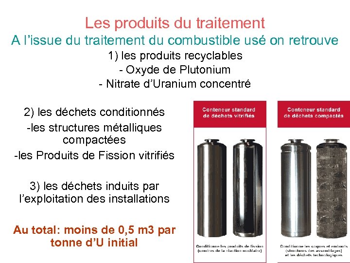 Les produits du traitement A l’issue du traitement du combustible usé on retrouve 1)