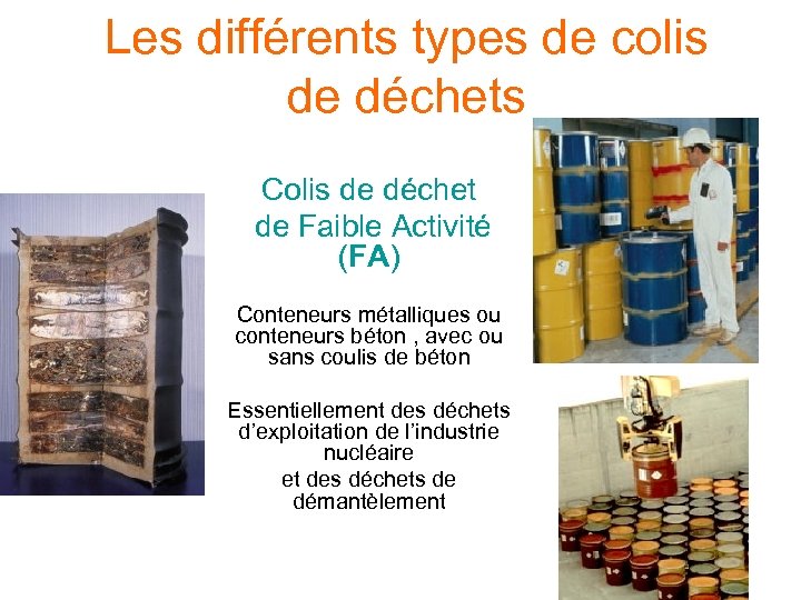 Les différents types de colis de déchets Colis de déchet de Faible Activité (FA)