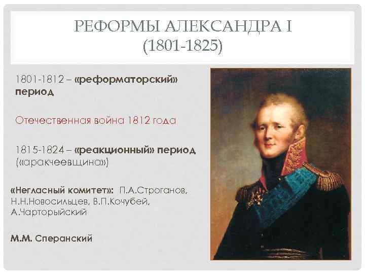 РЕФОРМЫ АЛЕКСАНДРА I (1801 -1825) 1801 -1812 – «реформаторский» период Отечественная война 1812 года