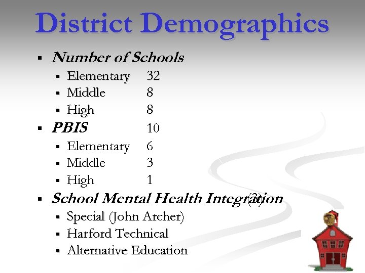 District Demographics § Number of Schools § § PBIS § § Elementary Middle High