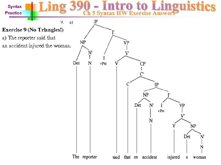 Syntax Practice Exercise 9 (No Triangles!) a) The reporter said that an accident injured