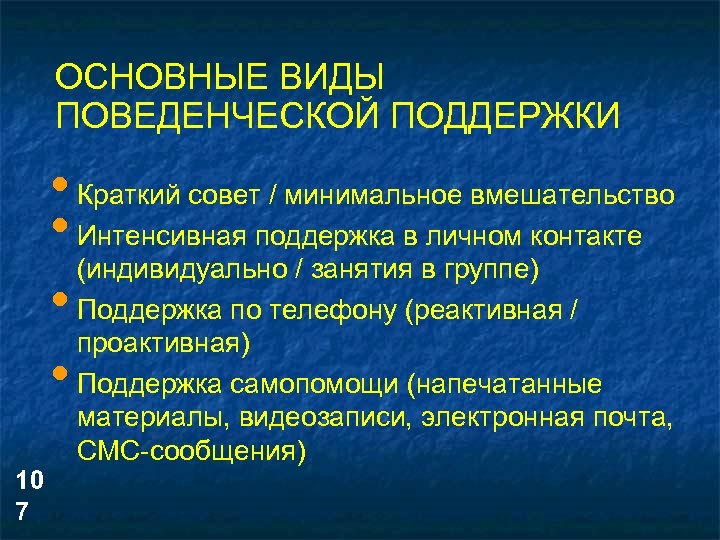 ОСНОВНЫЕ ВИДЫ ПОВЕДЕНЧЕСКОЙ ПОДДЕРЖКИ • Краткий совет / минимальное вмешательство • Интенсивная поддержка в