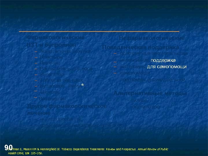 Имеющиеся методы прекращения курения Фармакологические НЗТ и бупропион – – – – Жевательная резинка