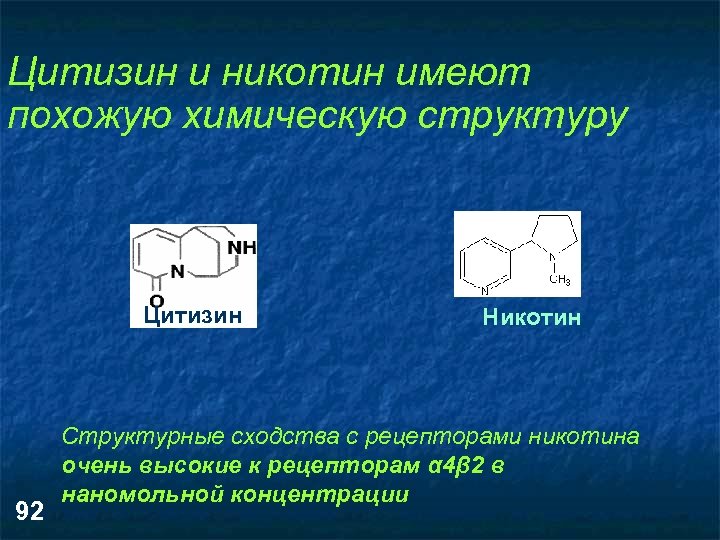 Цитизин и никотин имеют похожую химическую структуру Цитизин 92 Никотин Структурные сходства с рецепторами