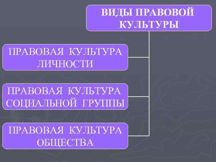 ВИДЫ ПРАВОВОЙ КУЛЬТУРЫ ПРАВОВАЯ КУЛЬТУРА ЛИЧНОСТИ ПРАВОВАЯ КУЛЬТУРА СОЦИАЛЬНОЙ ГРУППЫ ПРАВОВАЯ КУЛЬТУРА ОБЩЕСТВА 