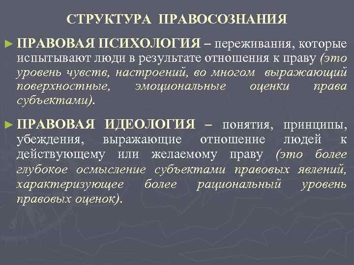 СТРУКТУРА ПРАВОСОЗНАНИЯ ► ПРАВОВАЯ ПСИХОЛОГИЯ – переживания, которые испытывают люди в результате отношения к