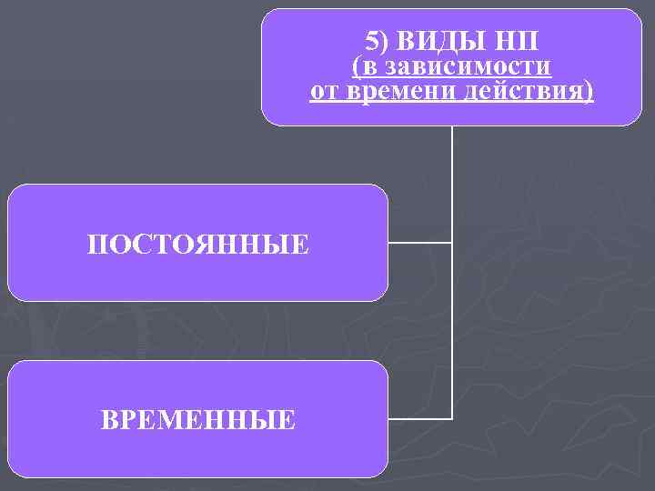 5) ВИДЫ НП (в зависимости от времени действия) ПОСТОЯННЫЕ ВРЕМЕННЫЕ 