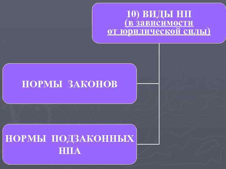 10) ВИДЫ НП (в зависимости от юридической силы) НОРМЫ ЗАКОНОВ НОРМЫ ПОДЗАКОННЫХ НПА 