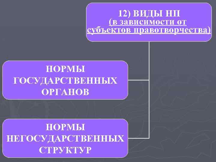 12) ВИДЫ НП (в зависимости от субъектов правотворчества) НОРМЫ ГОСУДАРСТВЕННЫХ ОРГАНОВ НОРМЫ НЕГОСУДАРСТВЕННЫХ СТРУКТУР