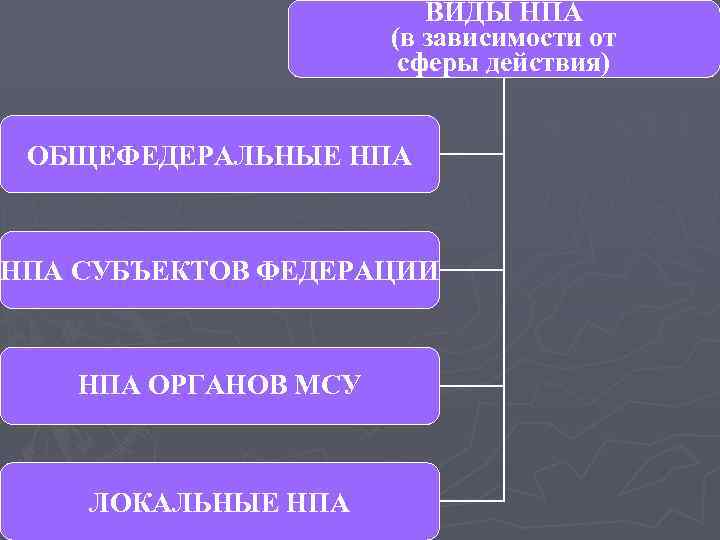 ВИДЫ НПА (в зависимости от сферы действия) ОБЩЕФЕДЕРАЛЬНЫЕ НПА СУБЪЕКТОВ ФЕДЕРАЦИИ НПА ОРГАНОВ МСУ
