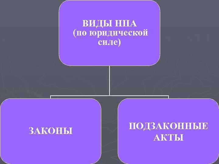 ВИДЫ НПА (по юридической силе) ЗАКОНЫ ПОДЗАКОННЫЕ АКТЫ 