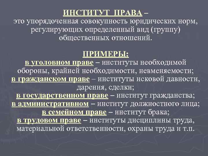 ИНСТИТУТ ПРАВА – это упорядоченная совокупность юридических норм, регулирующих определенный вид (группу) общественных отношений.