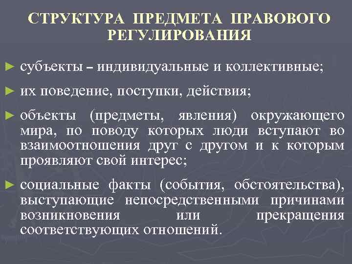 СТРУКТУРА ПРЕДМЕТА ПРАВОВОГО РЕГУЛИРОВАНИЯ ► субъекты – индивидуальные и коллективные; ► их поведение, поступки,