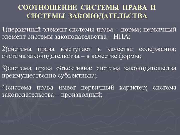 СООТНОШЕНИЕ СИСТЕМЫ ПРАВА И СИСТЕМЫ ЗАКОНОДАТЕЛЬСТВА 1)первичный элемент системы права – норма; первичный элемент