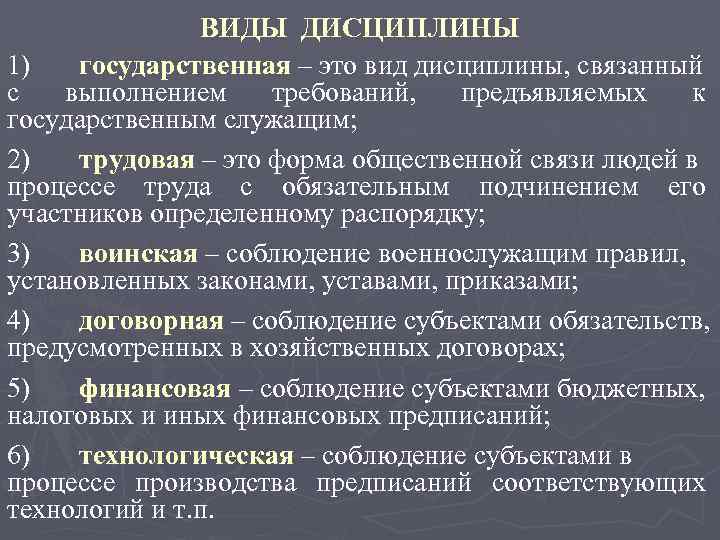 ВИДЫ ДИСЦИПЛИНЫ 1) государственная – это вид дисциплины, связанный с выполнением требований, предъявляемых к