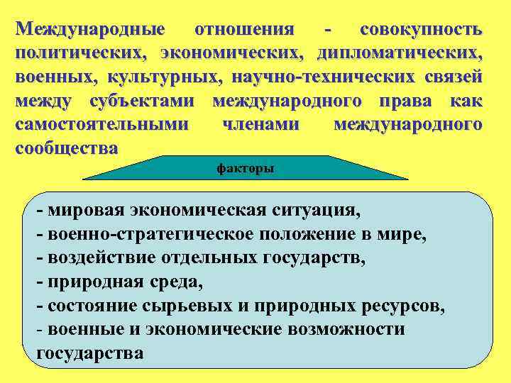 Международные отношения - совокупность политических, экономических, дипломатических, военных, культурных, научно-технических связей между субъектами международного