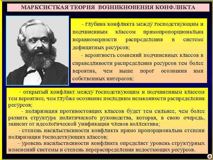 МАРКСИСТКАЯ ТЕОРИЯ ВОЗНИКНОВЕНИЯ КОНФЛИКТА - глубина конфликта между господствующим и подчиненным классом прямопропорциональна неравномерности