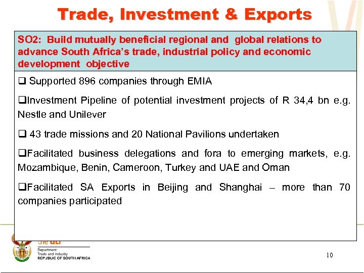 Trade, Investment & Exports SO 2: Build mutually beneficial regional and global relations to