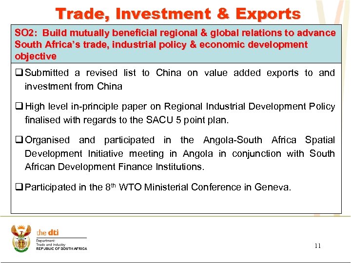 Trade, Investment & Exports SO 2: Build mutually beneficial regional & global relations to