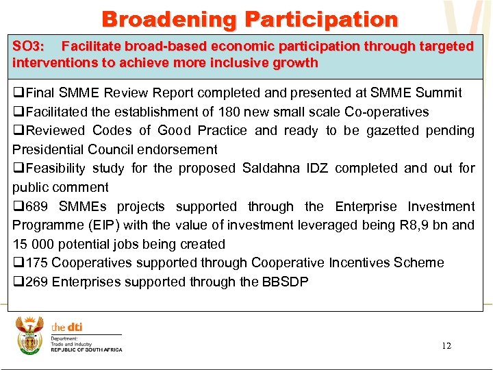 Broadening Participation SO 3: Facilitate broad-based economic participation through targeted interventions to achieve more